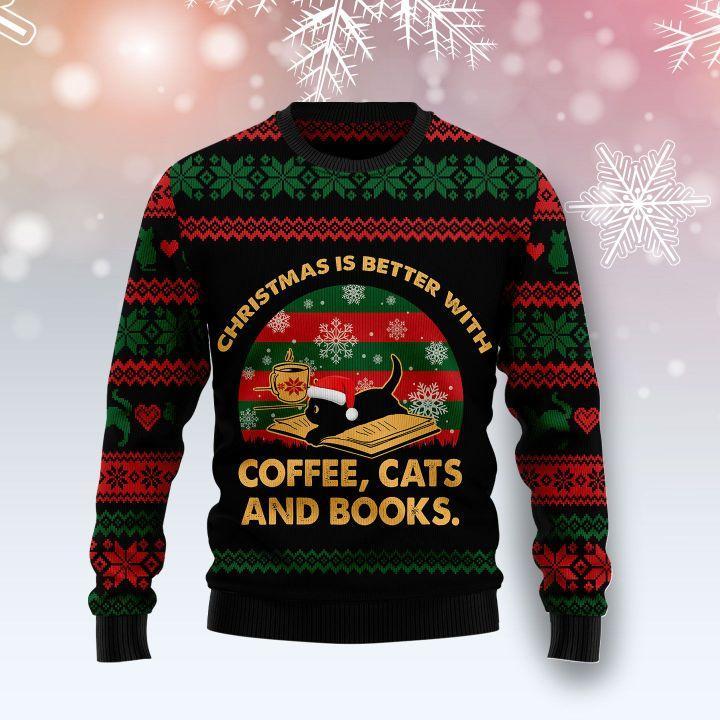 Cat Christmas Sweater Christmas Is Better With Coffee Cats And Books Black Ugly Sweater