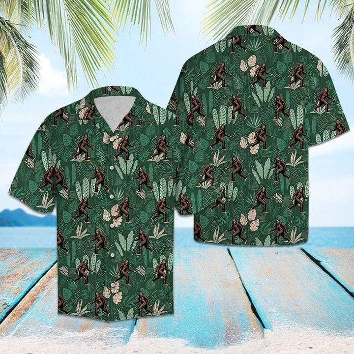 Friday89 Bigfoot Hawaiian Shirt Bigfoot Tropical Jungle Palm Pattern Hawaii Aloha Shirt