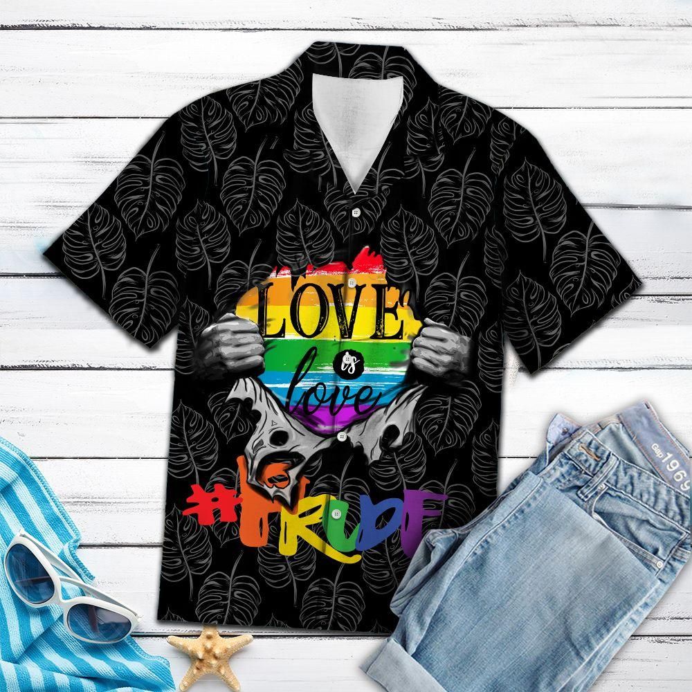Friday89 LGBT Hawaii Shirt Love Is Love Inside Black White Trpical Leafs Hawiian Aloha Shirt