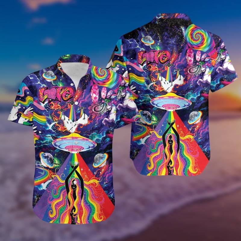 Friday89 UFO Hawaiian Shirt UFO Hipie Style Love Multicolor Hawaii Aloha Shirt