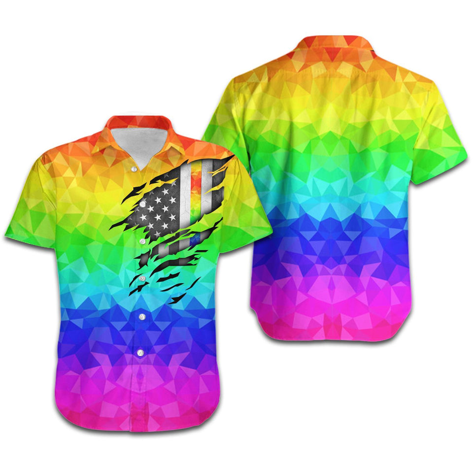 Friday89 LGBT Pride Hawaiian Shirt Rainbow Polygonal American Flag Inside Hawaii Aloha Shirt