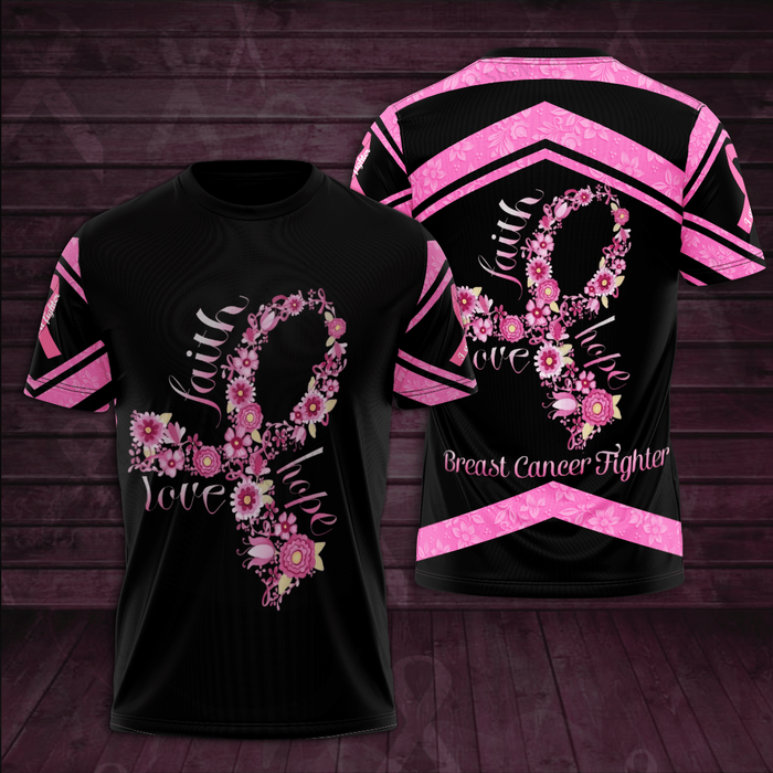 Friday89 Breast Cancer T-shirt Breast Cancer Fighter Faith Hope Love Flower Ribbon Black Pink Shirts For Women