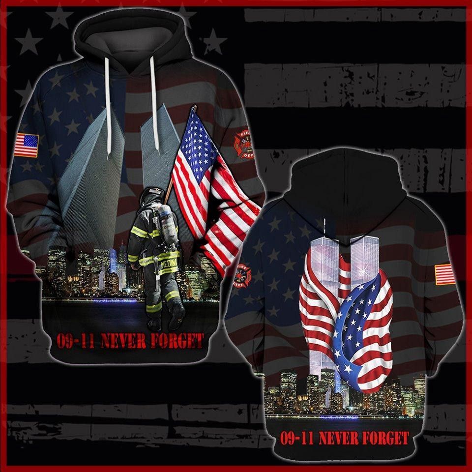 Patriot Day Hoodie September 11th Hoodie Firefighter Hero Holding American Flag 09-11 Never Forget Black Hoodie
