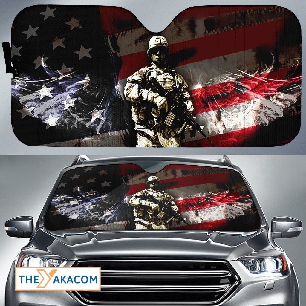 Veteran Car Sun Shade The Serious Soldier With American Flag Windshield Sun Shade