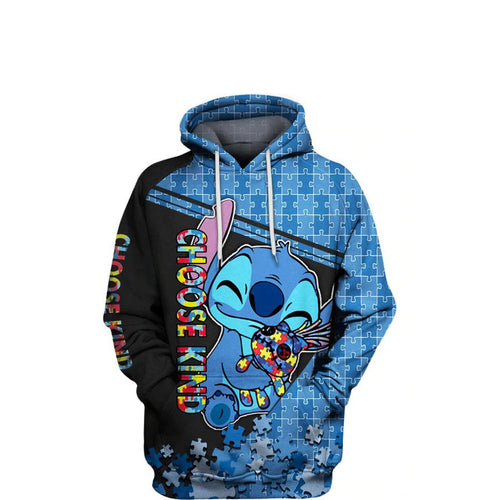 Autism Awareness Stitch Disney, Choose Kind Lovely Stitch All Over Print Hoodie