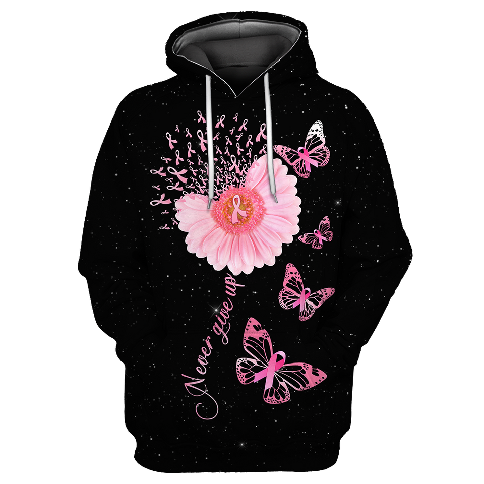 Breast Cancer Shirt Breast Cancer Never Give Up Flowers And Butterflies Black Pink Hoodie Breast Cancer Hoodie