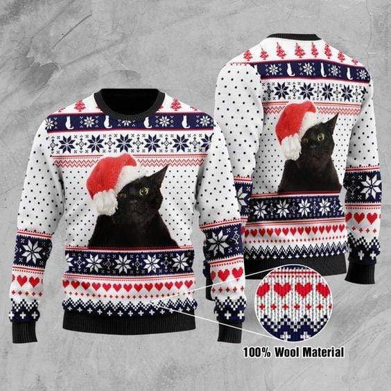 Cat Christmas Sweater Black Cat Christmas Pattern White Blue Ugly Sweater
