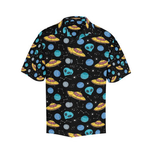 Friday89 UFO Alien Hawaii Shirt Yellow UFO Blue Alien Blue Planet Pattern Hawaiian Aloha Shirt