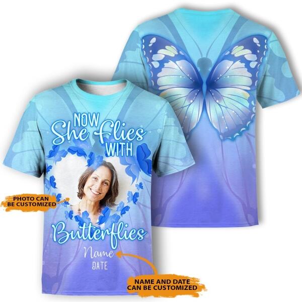 Personalized Memorial Shirt Now She Flies With Butterfly For Mom, Sister, Daughter Custom Memorial Gift M192.1  Friday89