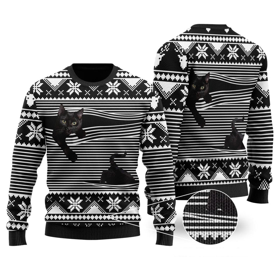 Cat Christmas Sweater Black Cat Christmas Pattern Black White 3d Ugly Sweater