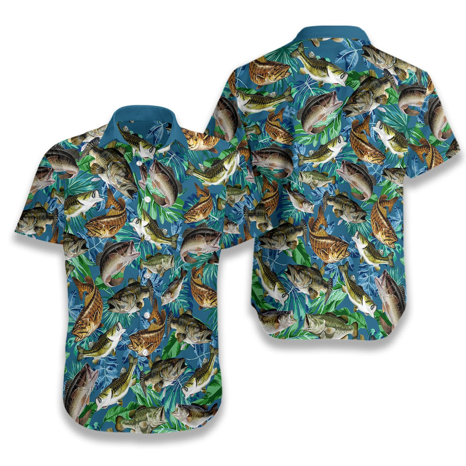 Friday89 Fishing Hawaiian Shirt Bass Fish Pattern Tropical Hawaii Shirt Blue Green Adult Full Print