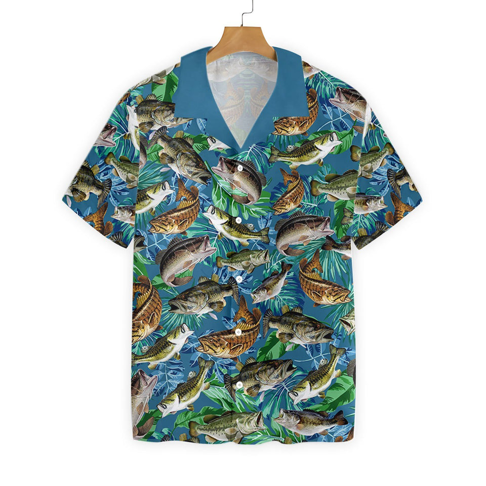 Friday89 Fishing Hawaiian Shirt Bass Fish Pattern Tropical Hawaii Shirt Blue Green Adult Full Print