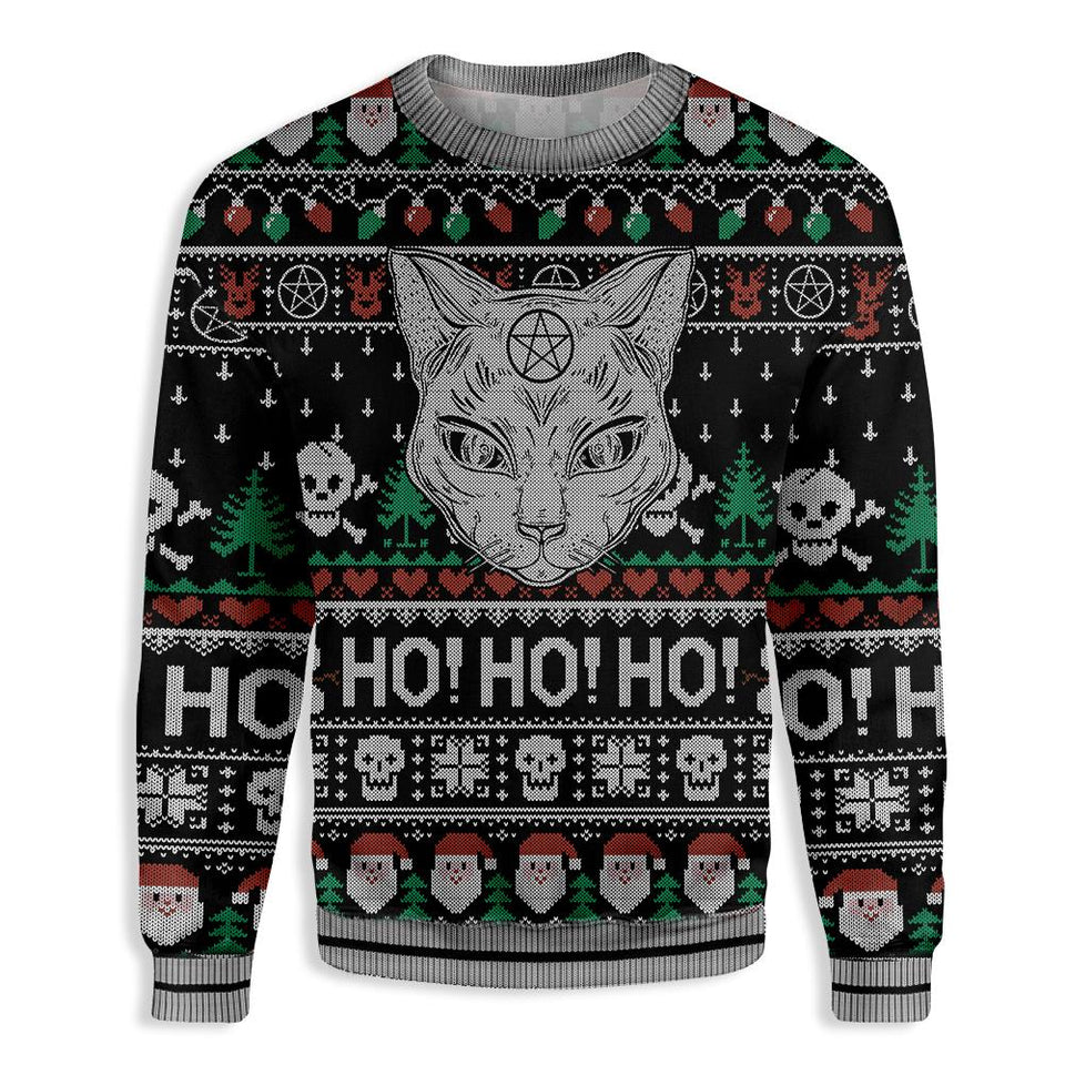 Cat Sweater Wicca Black Cat Ho Ho Ho Christmas Pattern Ugly Sweater