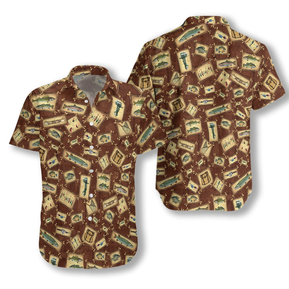 Friday89 Fishing Hawaiian Shirt Fishing Tool Pattern Hawaii Shirt Brown Adult Full Print