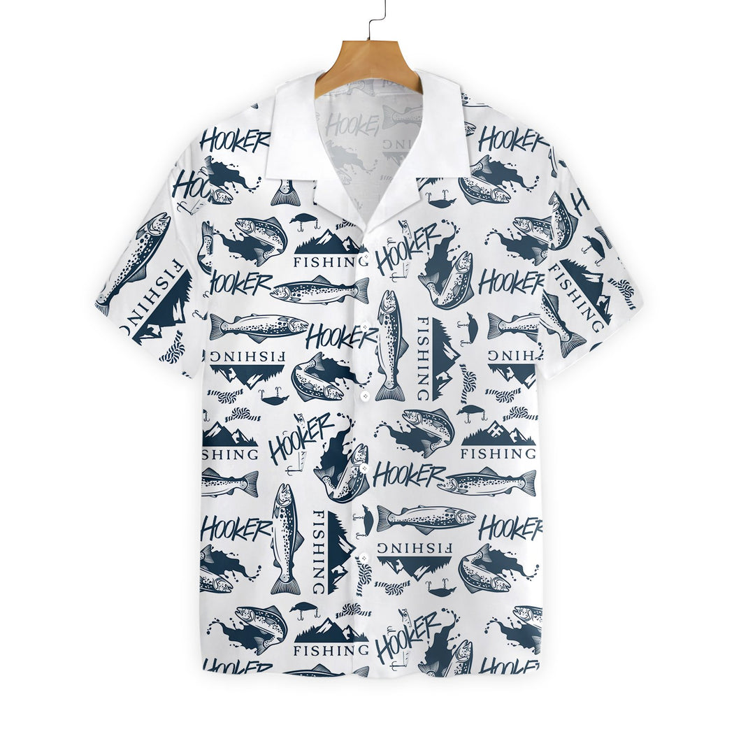 Friday89 Fishing Hawaii Shirt Hooker Fishing Black White Pattern Hawaiian Shirt