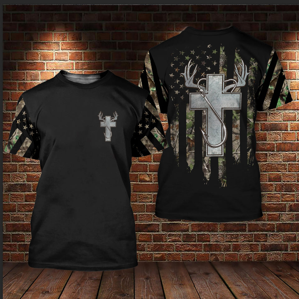 Friday89 Fishing Hunting God T-shirt Jesus Cross Fish Hook Deer Horn T-shirt Hoodie Adult Full Print