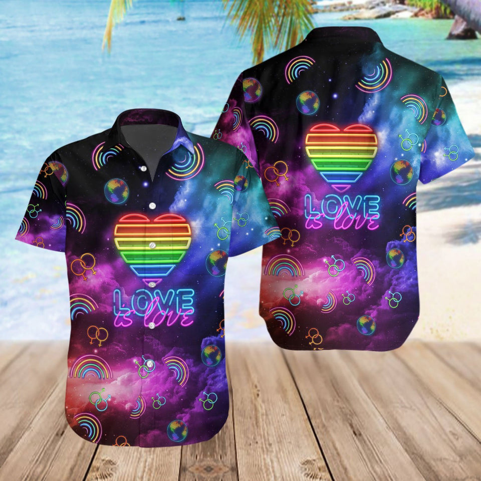 Fridday89 LGBT Hawaiian Shirt Neon Lights Love Is Love Space Galaxy Hawaii Aloha Shirt