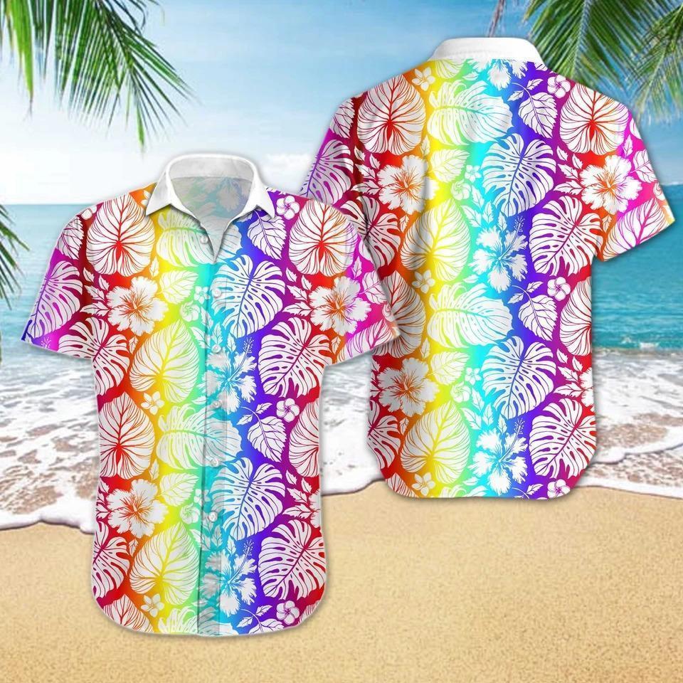 Friday89 LGBT Hawaii Shirt LGBT Rainbow Color Tropical Floral Hawaiian Aloha Shirt