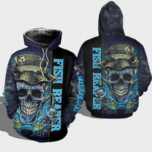 Friday89 Fishing Skull T-shirt Fish Reaper Skull Dark Blue T-shirt Hoodie Adult Full Size