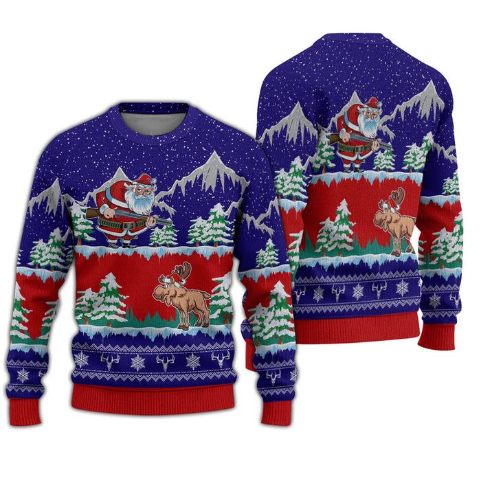 Hunting Ugly Christmas Sweater Moose Hunter Santa Blue Sweater