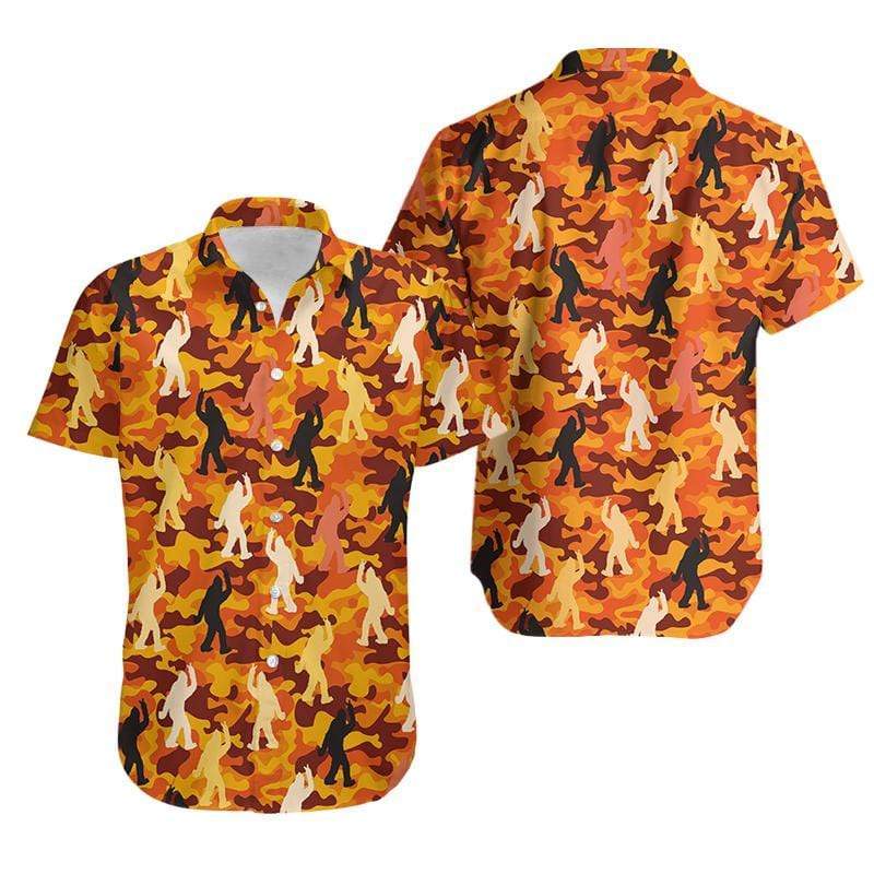 Friday89 Bigfoot Hawaiian Shirt Bigfoot Peace Sign Orange Camo Hawaii Aloha Shirt
