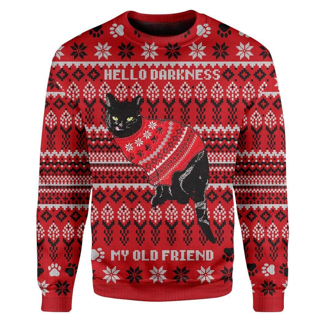 Cat Christmas Sweater Hello Darkness My Old Friend Black Cat Red Ugly Sweater