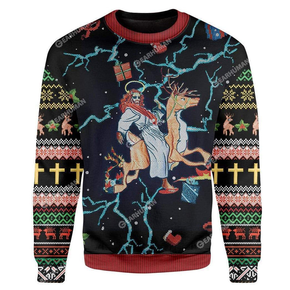 Jesus Ugly Christmas Sweater Swag Jesus Riding Reindeer Black Sweater
