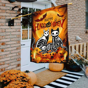 Halloween House Flag Skeleton Flags Cat Skeleton Happy Halloween Orange House Flag