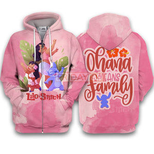 Pink Lilo & Stitch Ohana Means Family All Over Print Hoodie T-shirt