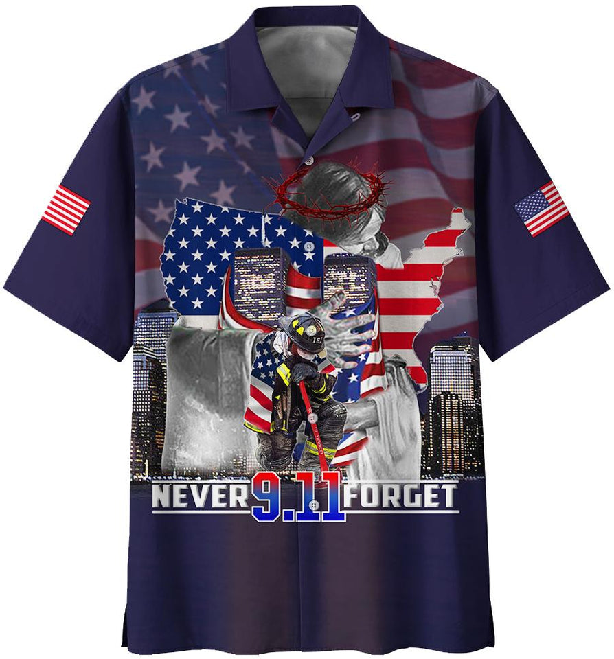 Patriot Day Hawaiian Shirt 9.11 Never Forget Firefighter In The God's Arm Blue Hawaii Aloha Shirt September 11th Hawaii Shirt