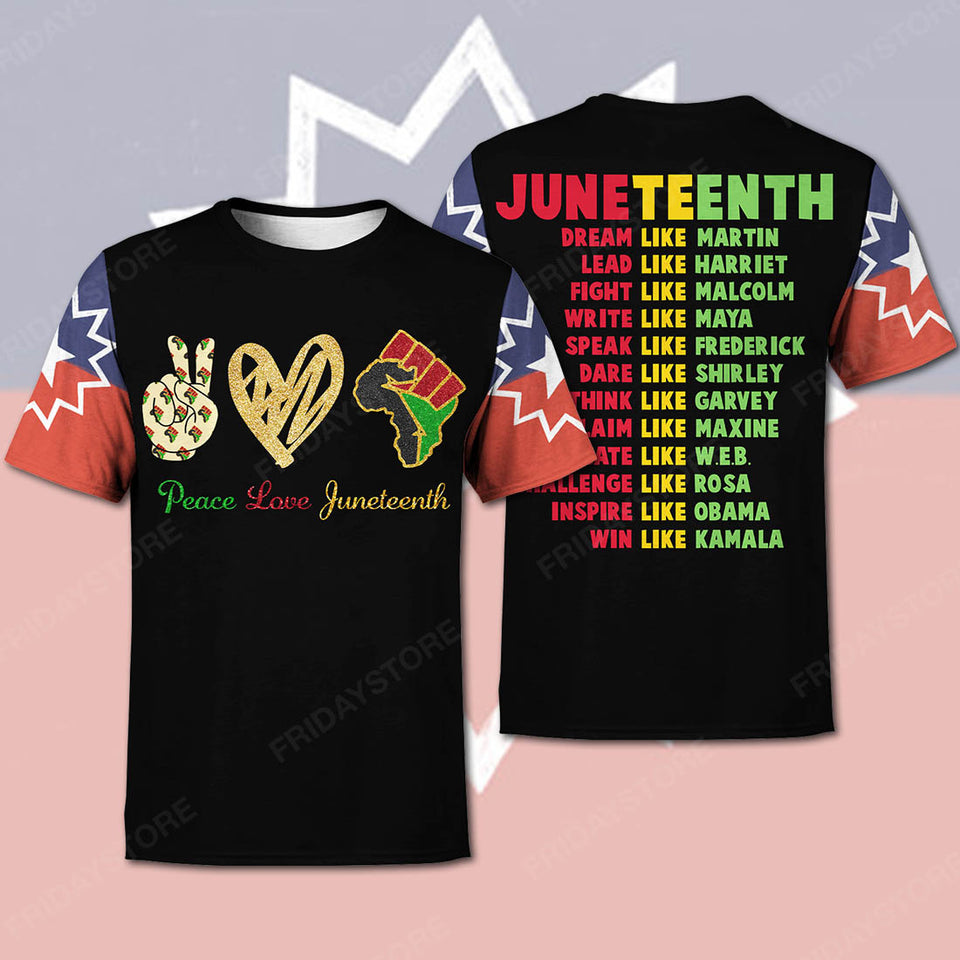 Juneteenth T-shirt Peace Love Junteenth T-shirt Hoodie Black Red Green Yellow Unisex Men Women  Friday89