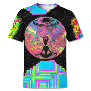 UFO Alien Shirt UFO Alien Meditating Multicolor Space T-shirt Black Men Women Unisex  Friday89