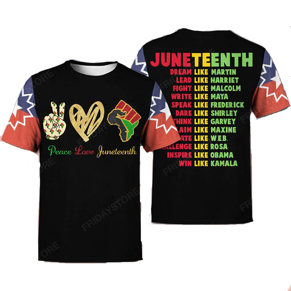 Juneteenth T-shirt Peace Love Junteenth T-shirt Hoodie Black Red Green Yellow Unisex Men Women  Friday89